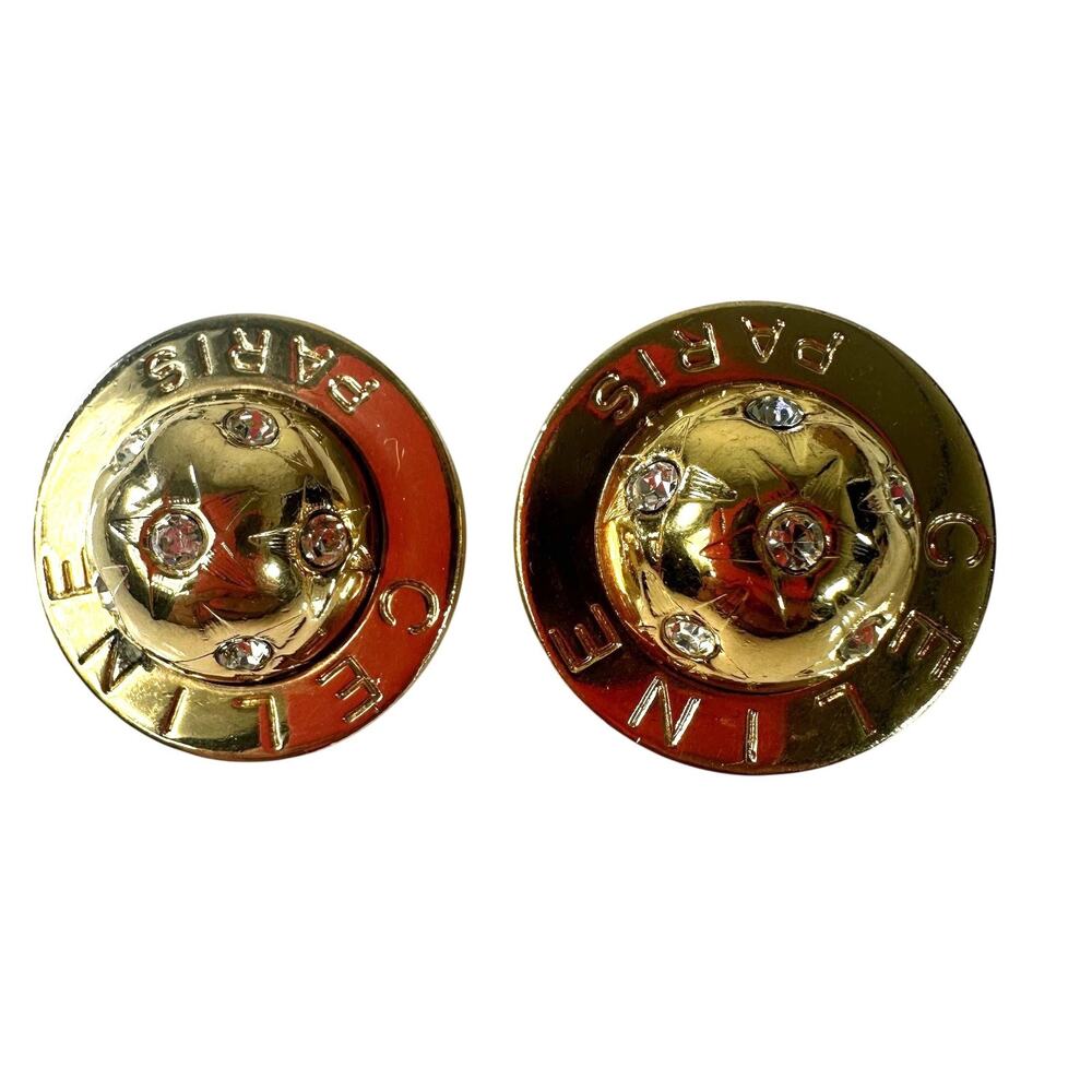 Vintage Celine Gold Tone Rhinestone Round Clip-On Stud Earrings Made In Italy